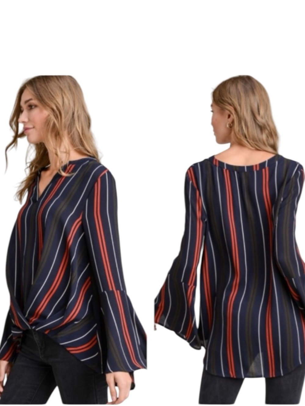 JODIFL BELL SLEEVE STRIPED TOP HIGH LOW HEM BLUE RED WHITE SIZE SMALL